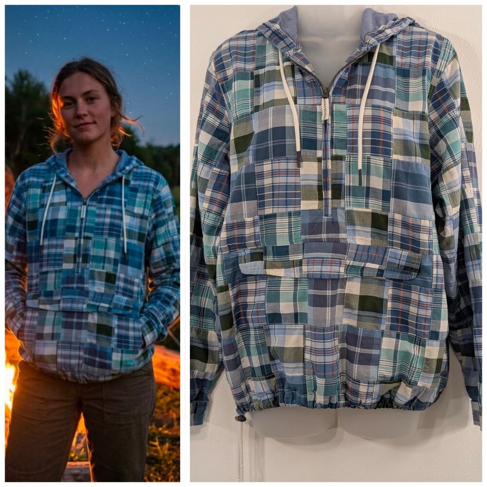 LL Bean Patchwork Madras Anorak Large Women's Hoodie Oversized Closet Fave EUC